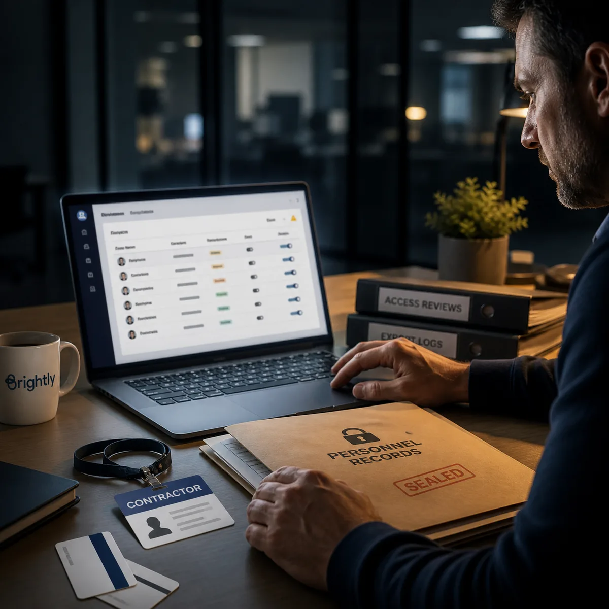 A business owner reviewing contractor access records on a secure office workstation.