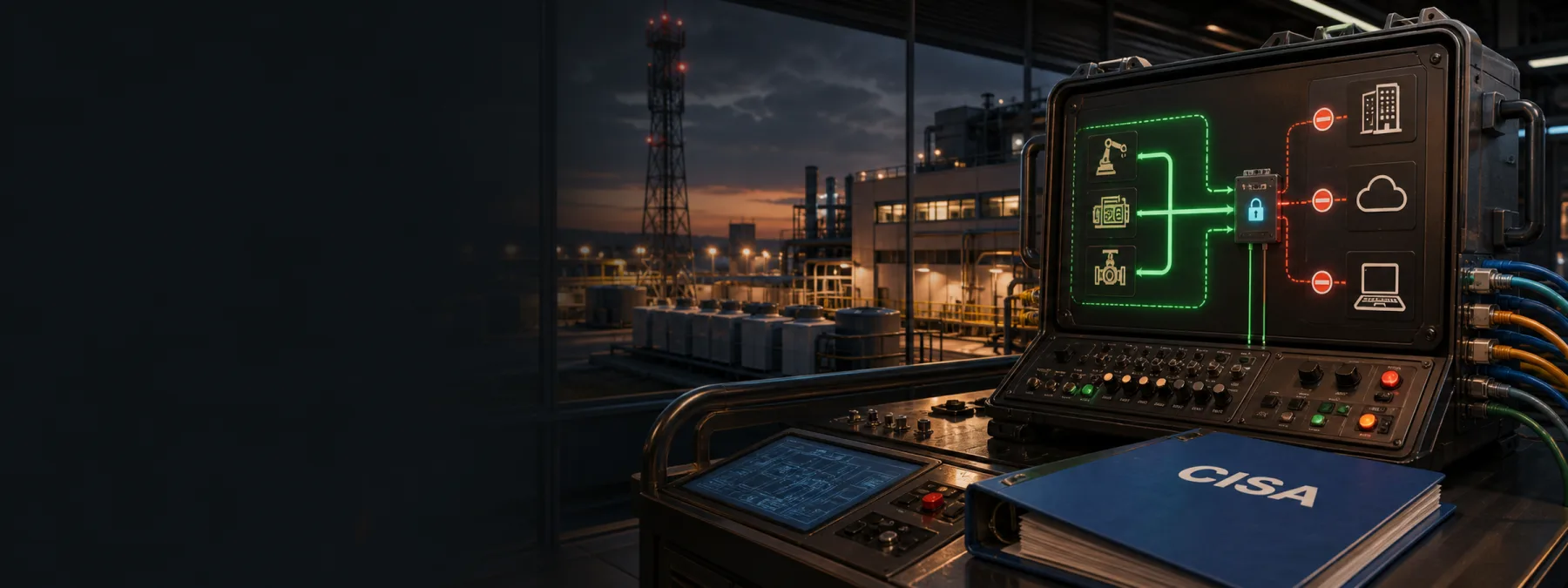 Editorial technology image showing vital operational systems separated from corporate and vendor networks during a cyber incident.