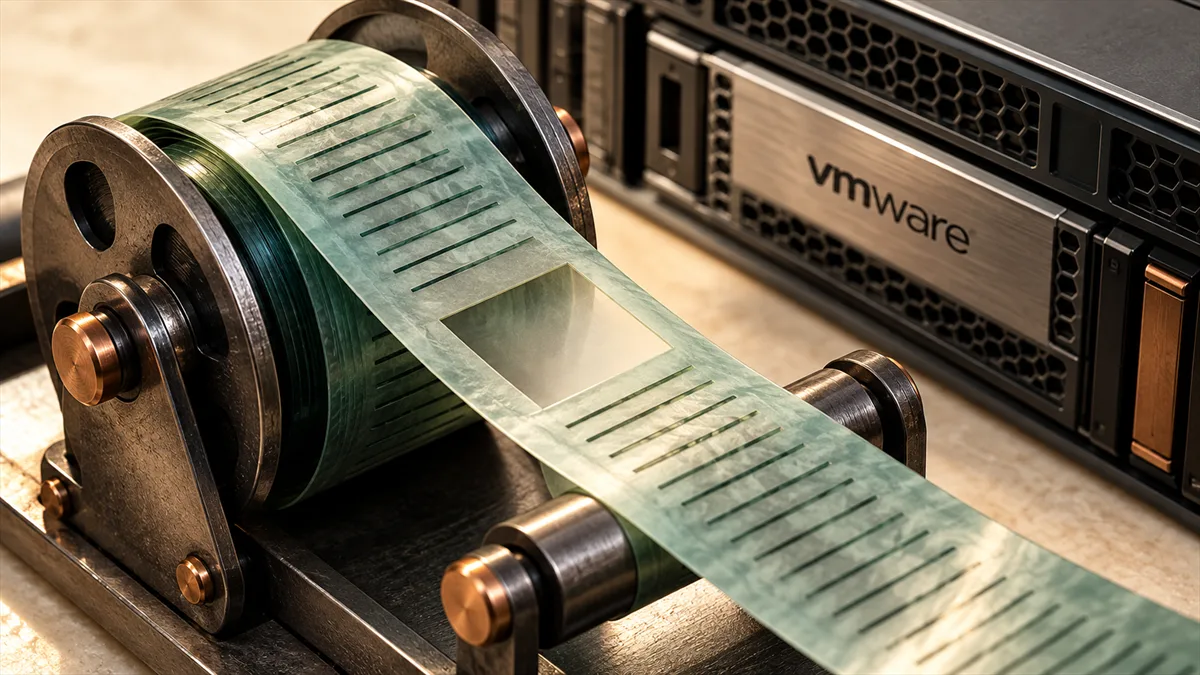 Editorial illustration of VMware ESXi infrastructure beside an audit record with a visible gap.