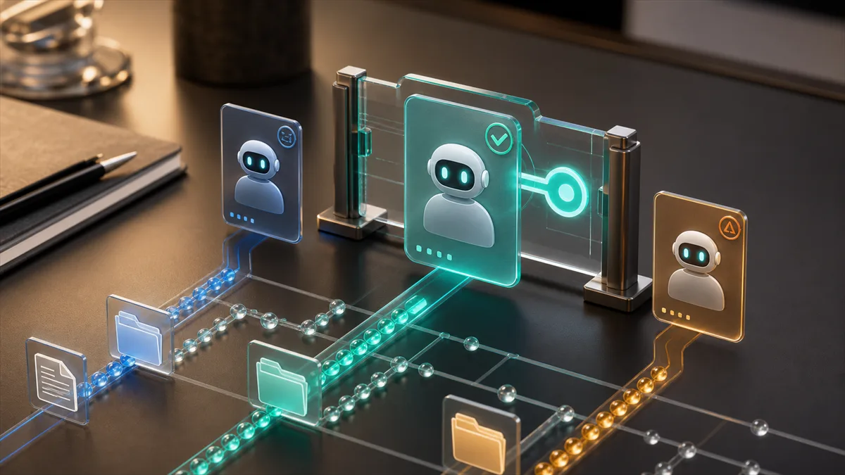 Editorial image about AI agent identity management, permissions, audit logs, and business workflow approval.