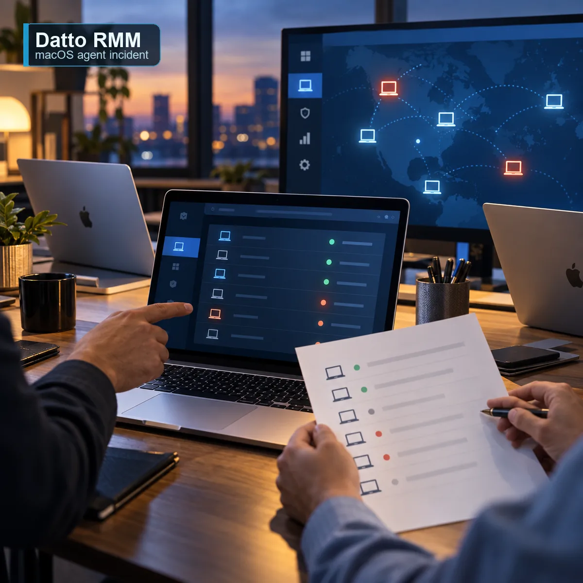 Editorial image of managed Mac laptops and a Datto RMM monitoring console during a Kaseya service incident.