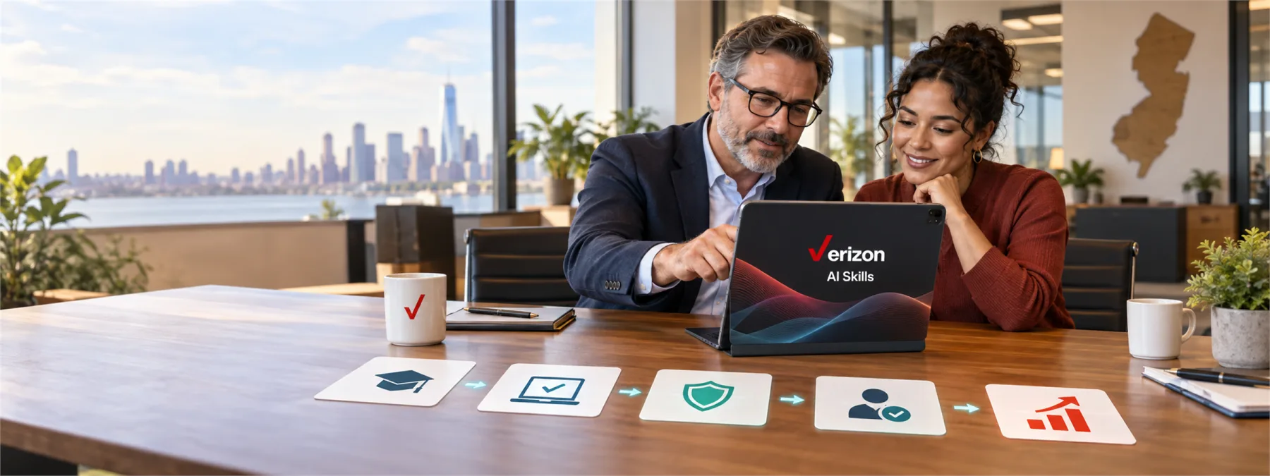 Editorial image of a New Jersey small business owner planning an AI training pilot with workflow notes and approved-tool guardrails.