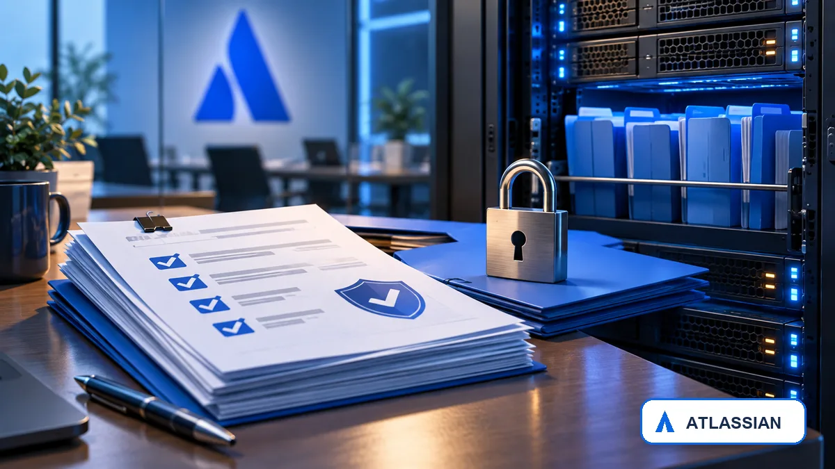 Editorial image representing an Atlassian file access vulnerability and a business owner reviewing self-hosted software patch evidence.
