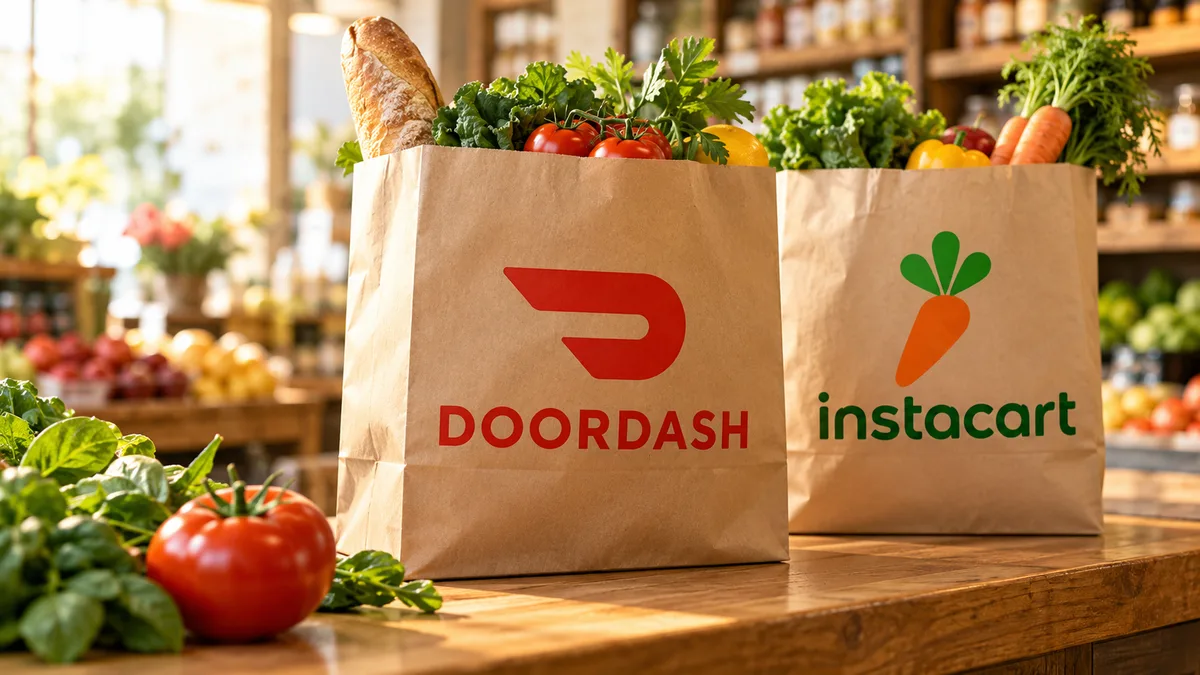 Two separate grocery bags marked DoorDash and Instacart stand on a sunlit neighborhood-store counter with fresh produce.