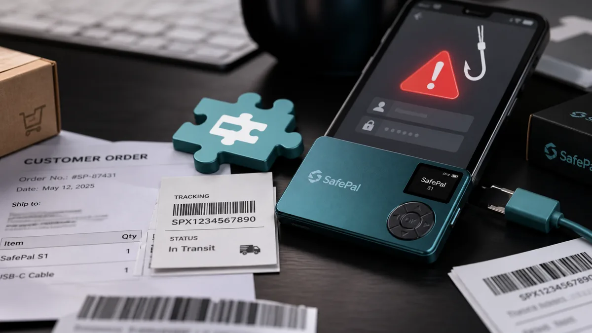 Editorial image showing SafePal order data, a hardware wallet, and phishing warnings around customer information.
