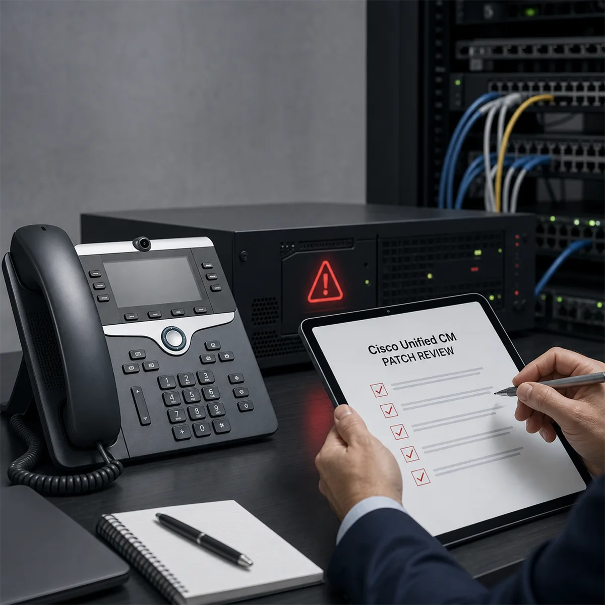 Business owner reviewing Cisco phone system patch status and vendor accountability for a VoIP communications platform.