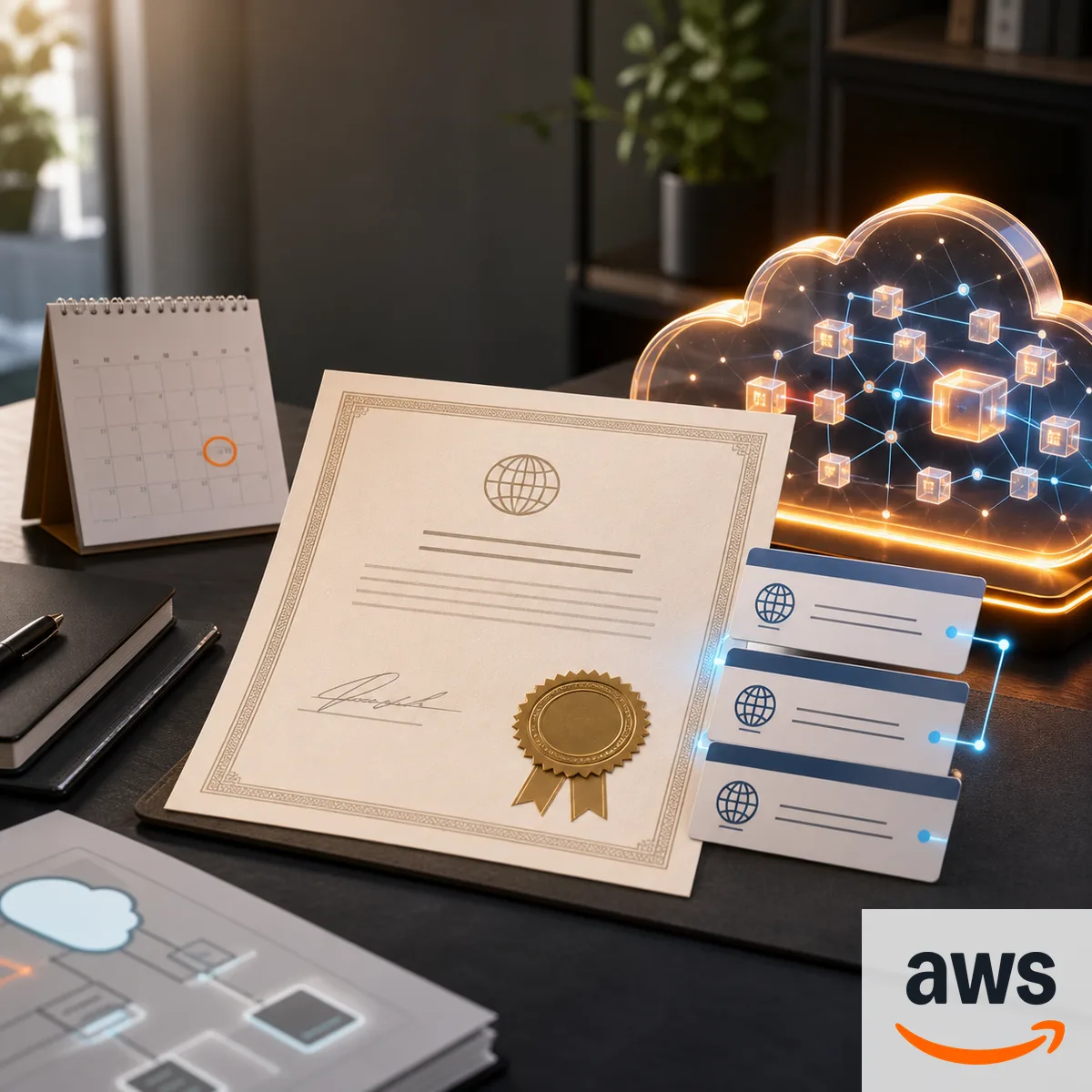 Editorial image of AWS certificate renewal moving from email approval to DNS validation ownership.
