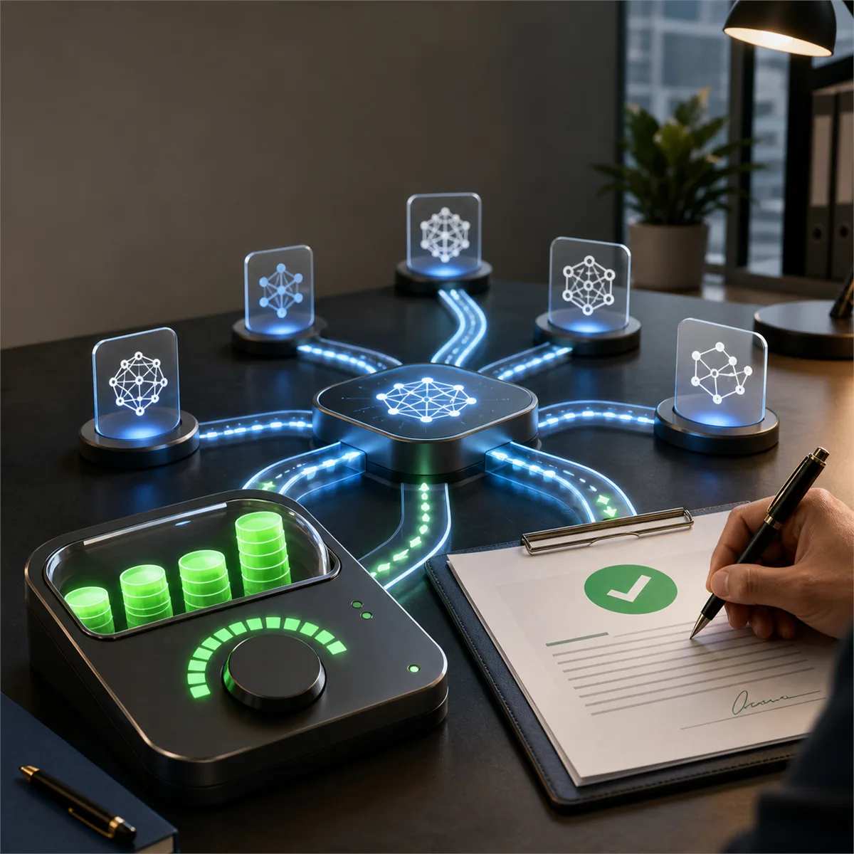 Editorial image of AI model routing controls, token spending, and business budget approval on a modern operations desk.