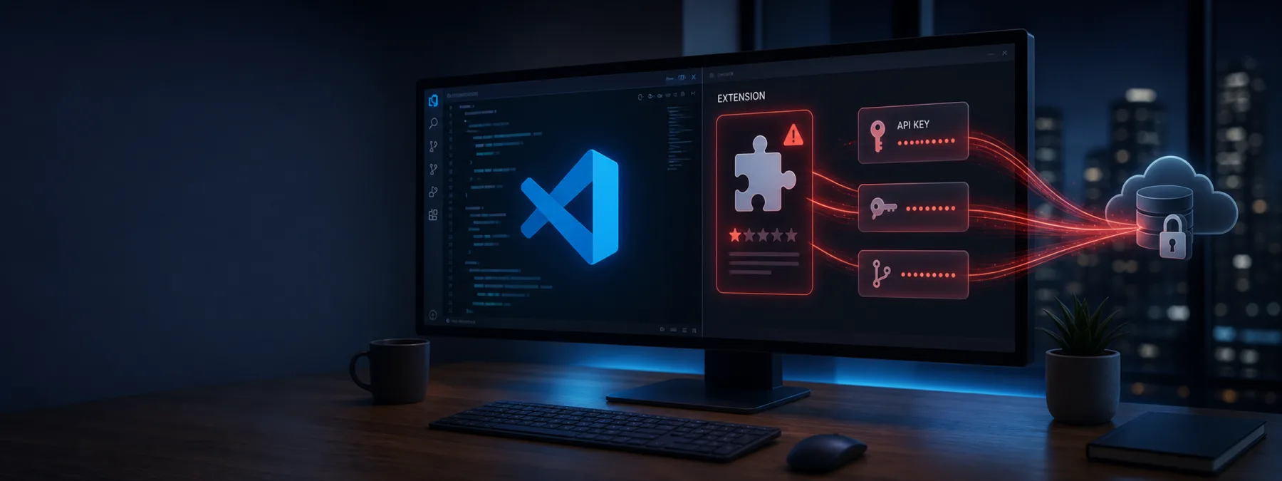 Editorial image of a code editor extension panel exposing developer credentials and API keys.