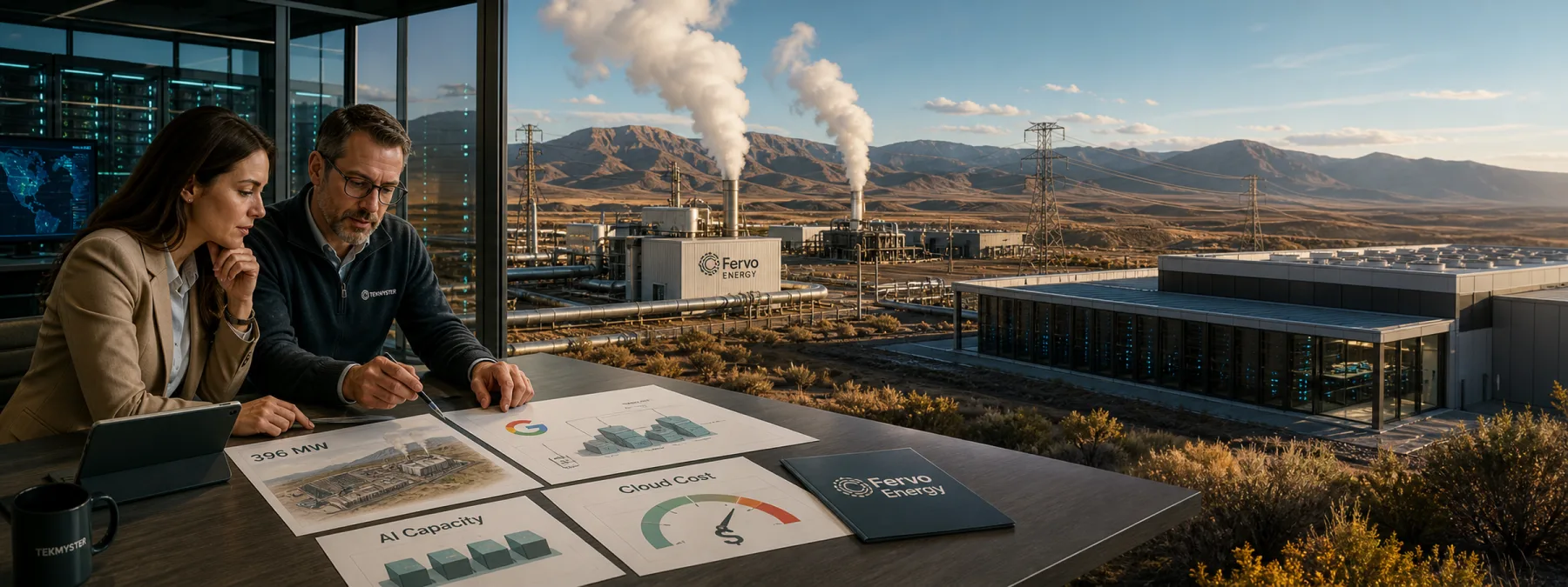 Editorial image of AI cloud infrastructure planning with a Google data center power contract signal, geothermal energy, and business cost review cues.