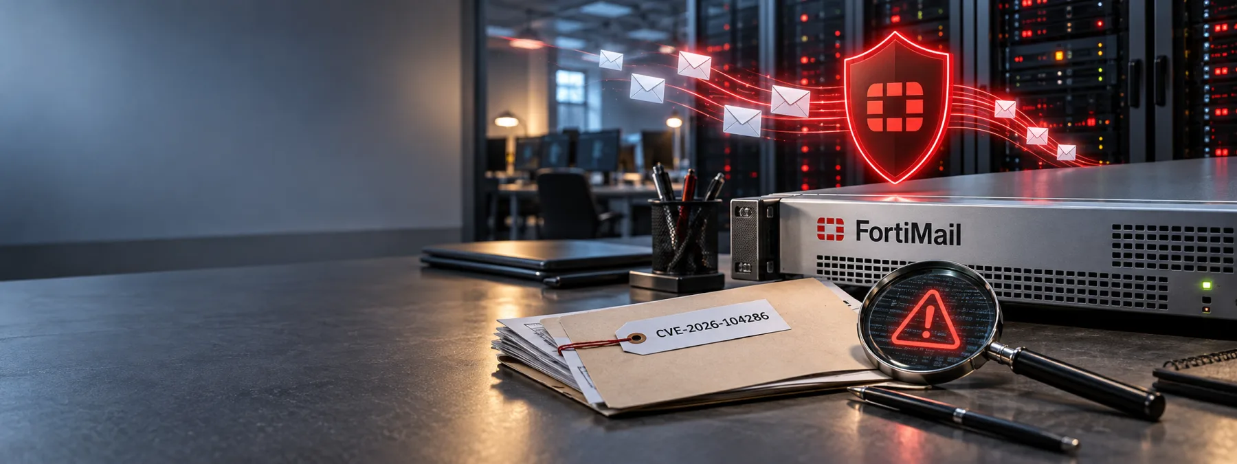 Editorial image of a Fortinet FortiMail email security gateway under review with patch evidence and compromise-check records.