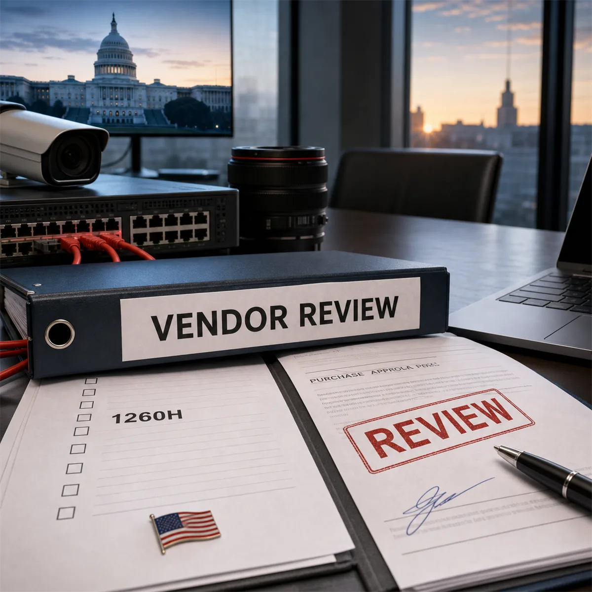Editorial image of a business owner reviewing a technology vendor approval file against a government restricted-vendor list.