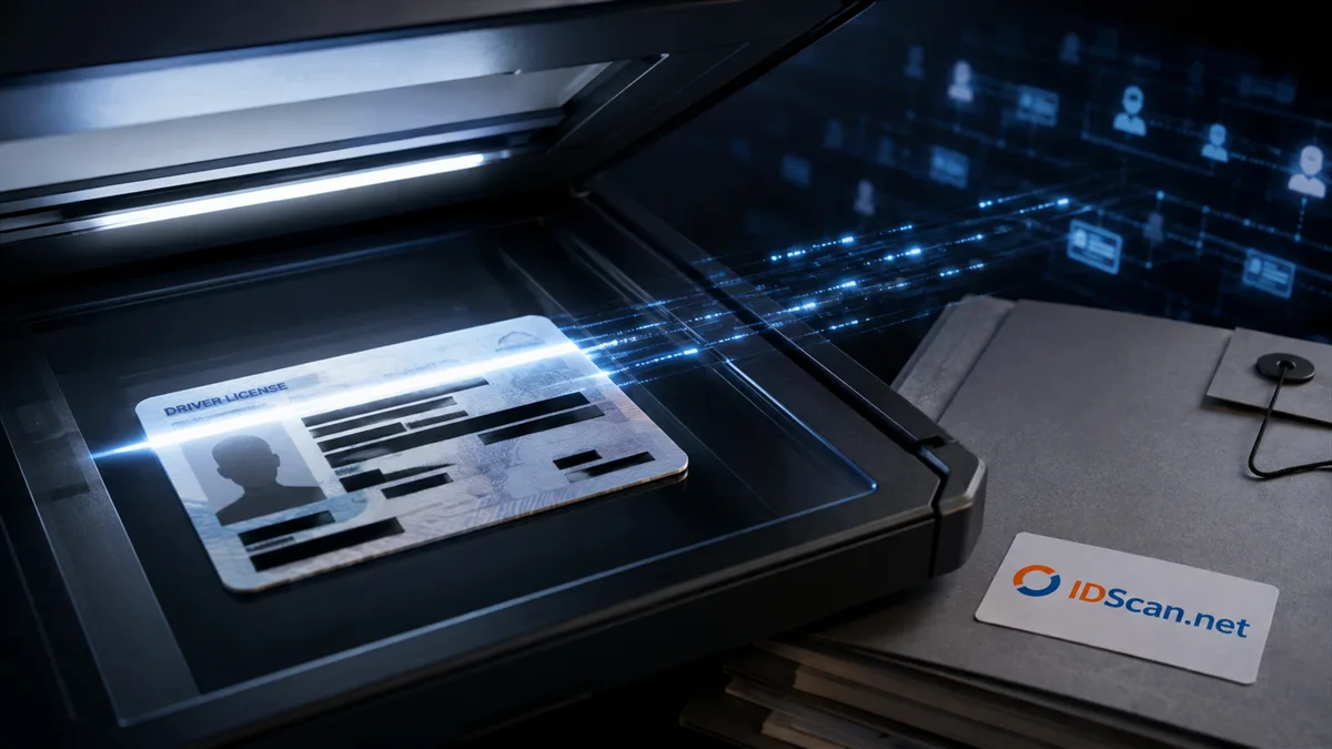 Editorial image of identity documents, a verification scanner, and a vendor risk review interface suggesting ID scan retention risk.