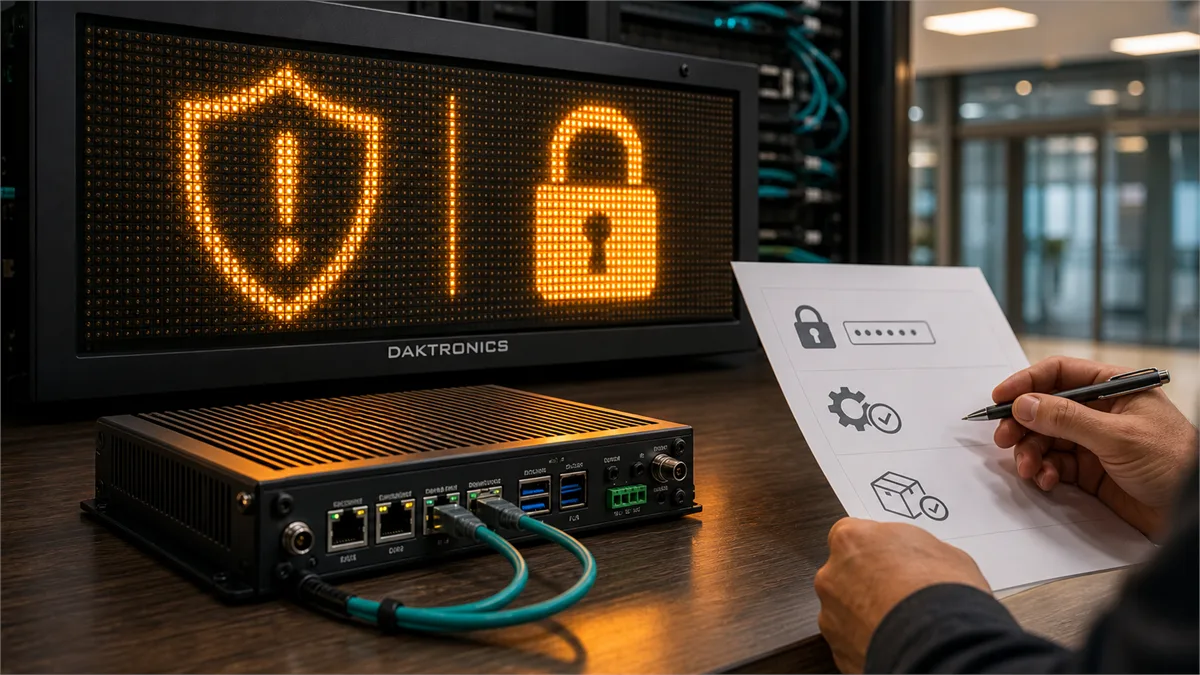 Editorial image showing a networked digital sign controller under firmware and password review, with vendor evidence and network segmentation context.