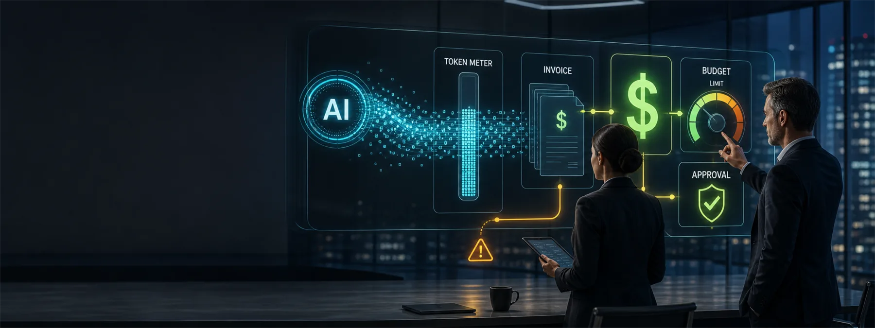 Business owner reviewing AI usage costs and budget controls on a modern technology dashboard