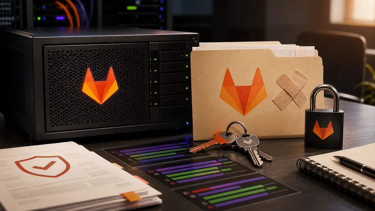 Editorial image showing a business owner reviewing self-managed GitLab code hosting, patch status, and CI/CD secret exposure.