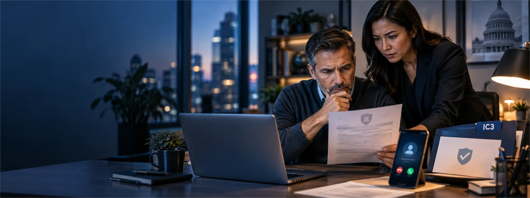A business owner reviews a suspicious official-looking payment request with verification controls visible.