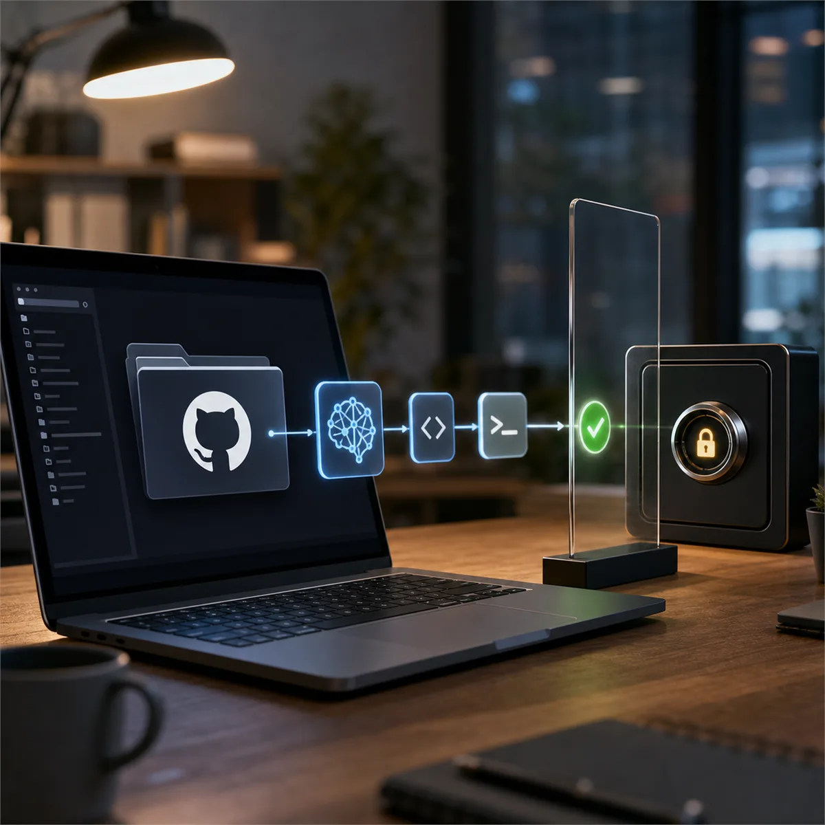 A developer workstation review scene with code repositories, approval controls, and protected credentials represented visually.