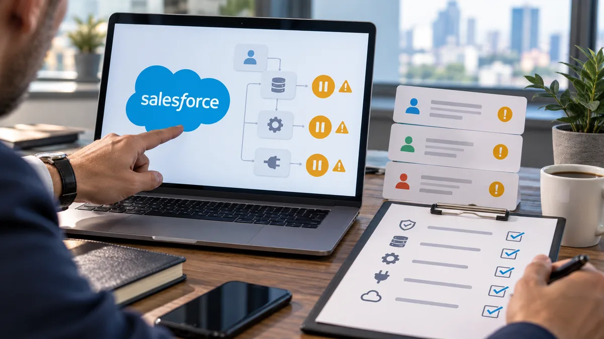 Editorial image showing Salesforce-dependent business workflows under continuity review during a SaaS outage.