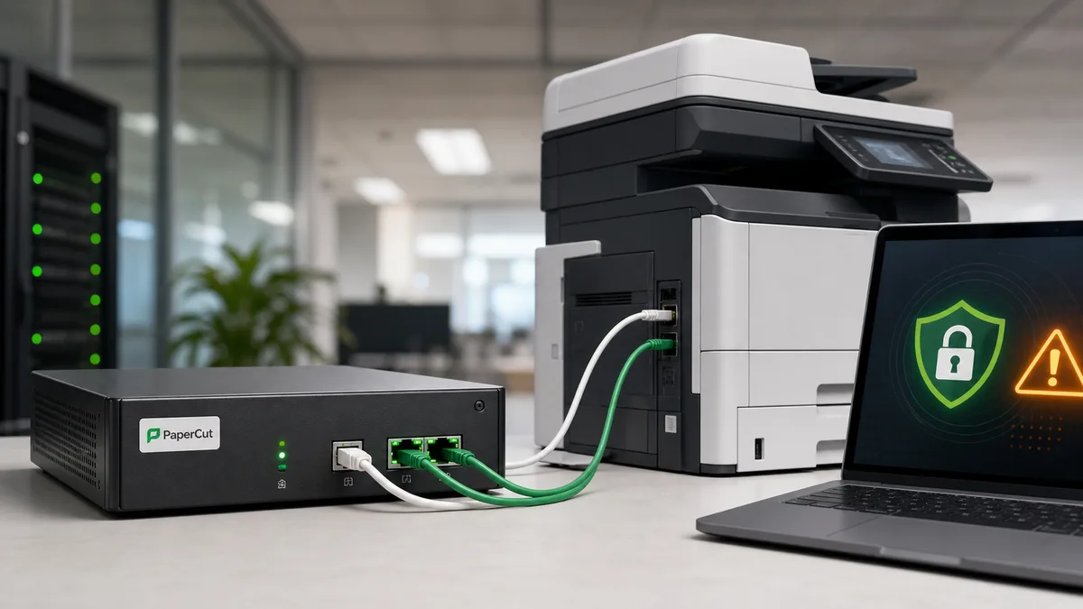 Editorial image of a PaperCut print management server under emergency security review with office printers and warning indicators.