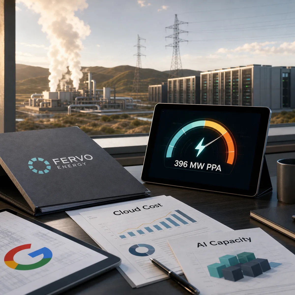 Editorial image of AI cloud infrastructure planning with a Google data center power contract signal, geothermal energy, and business cost review cues.