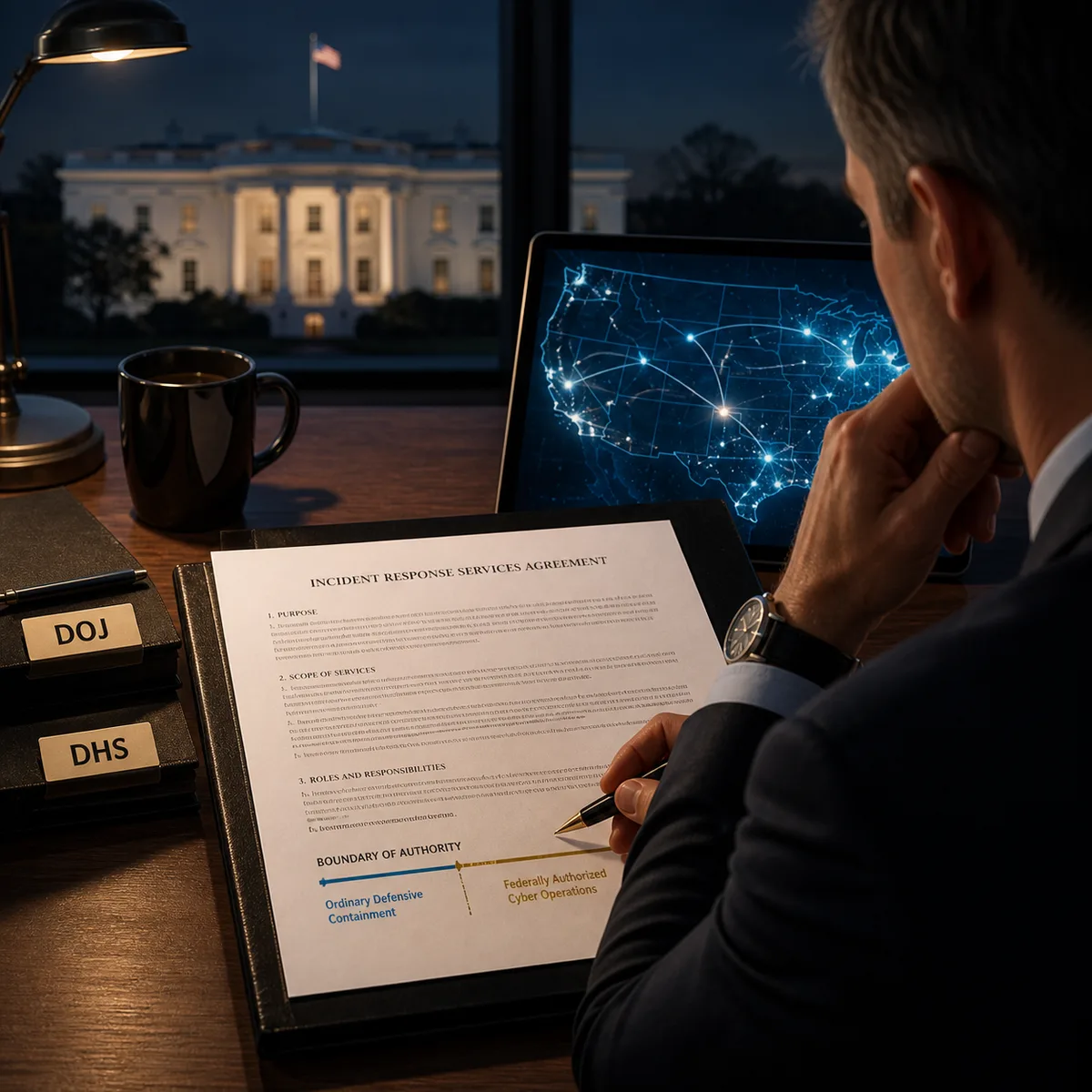 Editorial image of a federal cyber operations contract review with DOJ and DHS oversight signals and a business owner approval boundary.