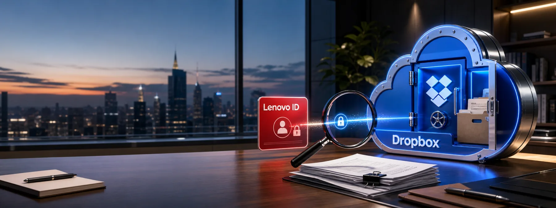 Editorial image showing Dropbox cloud storage access connected to a Lenovo ID sign-in path under review.