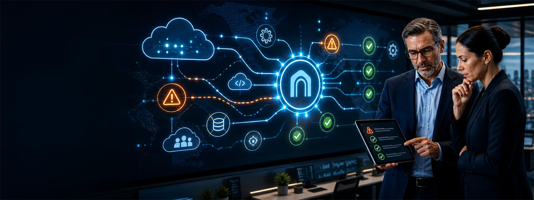 Editorial image showing a business owner reviewing a SaaS vendor status incident and API platform monitoring signals.