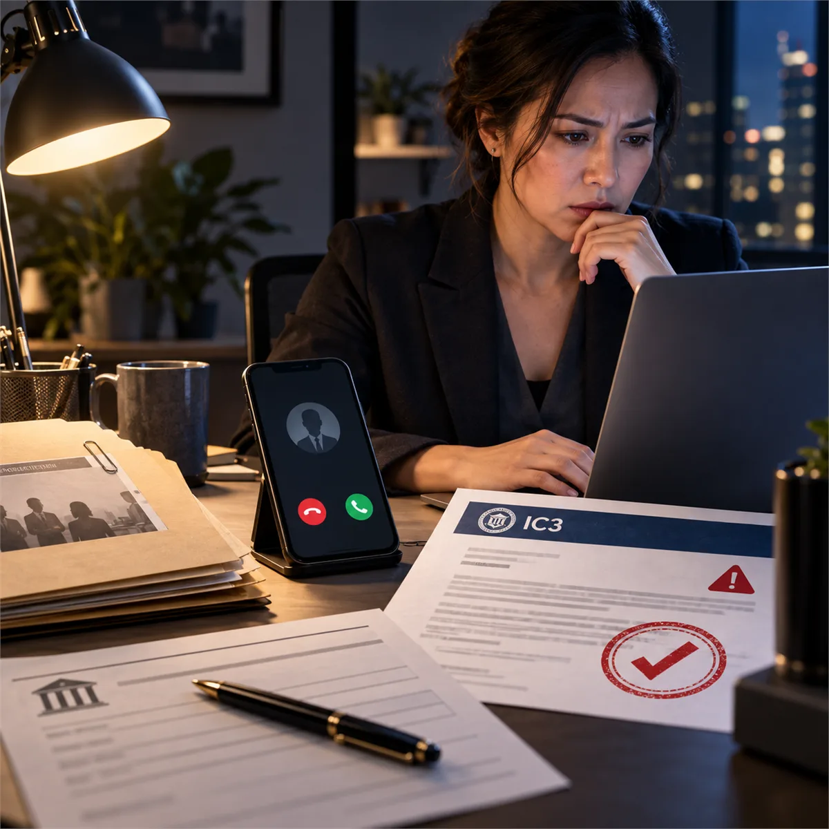 A business owner reviews a suspicious official-looking payment request with verification controls visible.