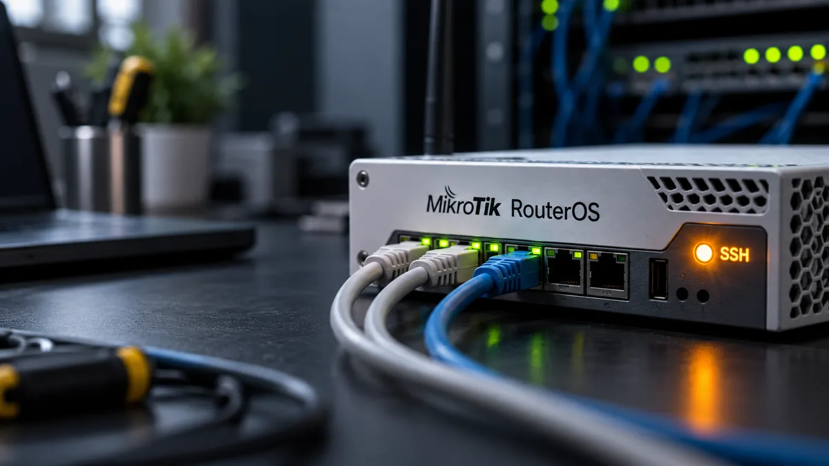 Editorial image of a small business network router and access review notes showing edge-device inventory and SSH exposure checks.