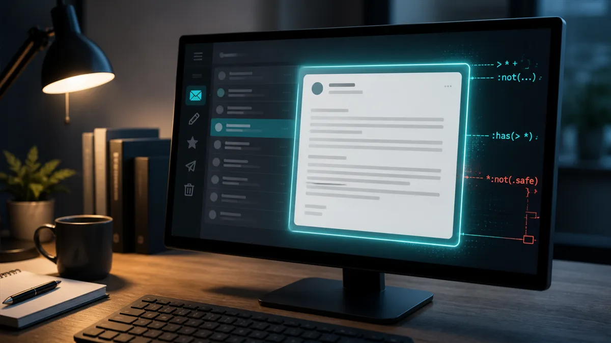 Editorial image of a business webmail inbox boundary review with browser, email, and security controls visible.