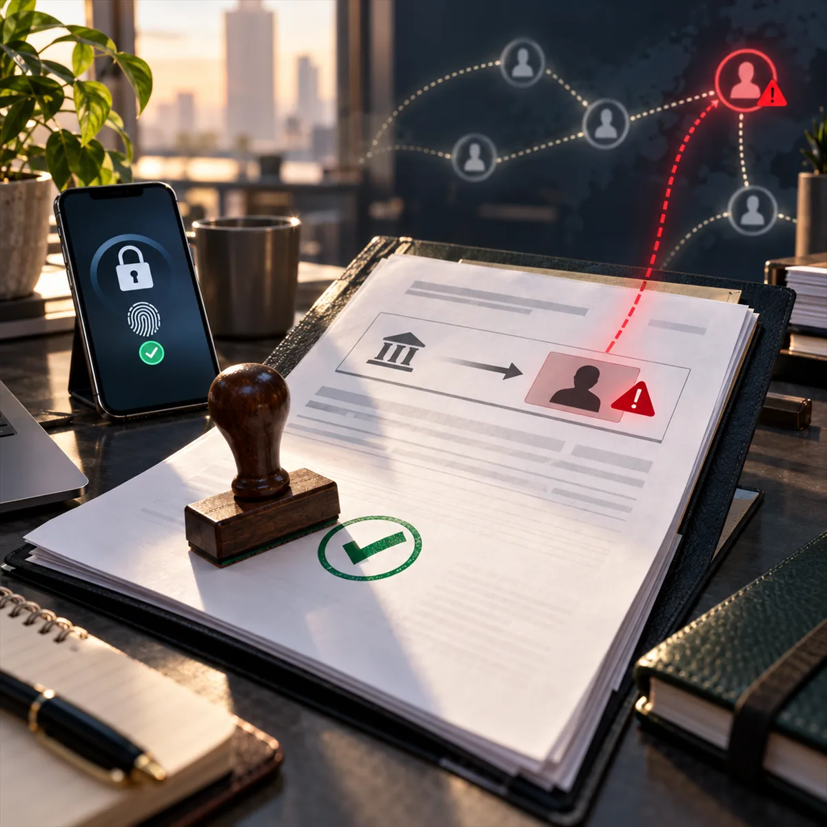 Editorial image showing a small business payment approval desk reviewing suspicious money transfers and vendor bank-change requests.