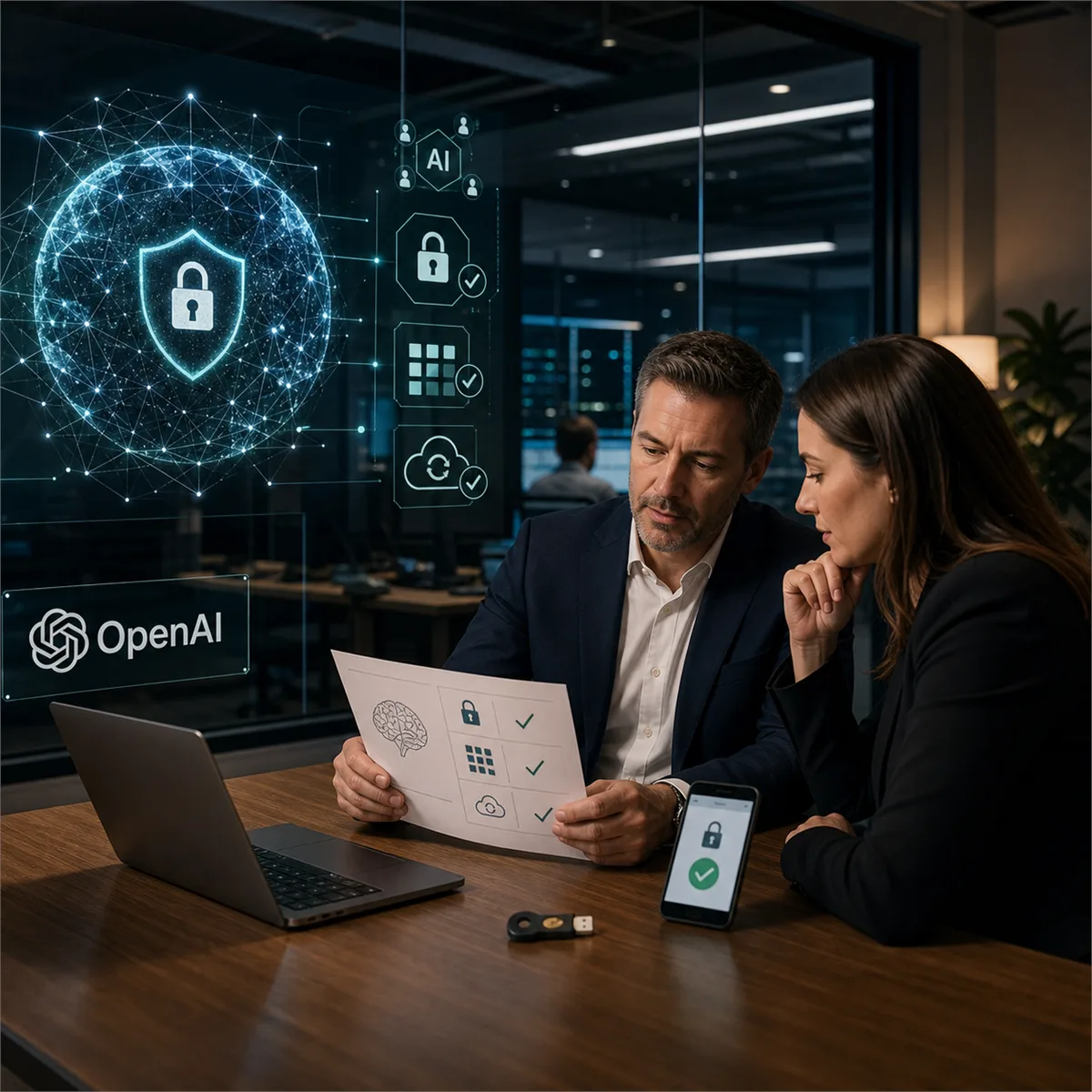 Business owner reviewing cyber defense evidence as AI threat signals appear on a security operations display.