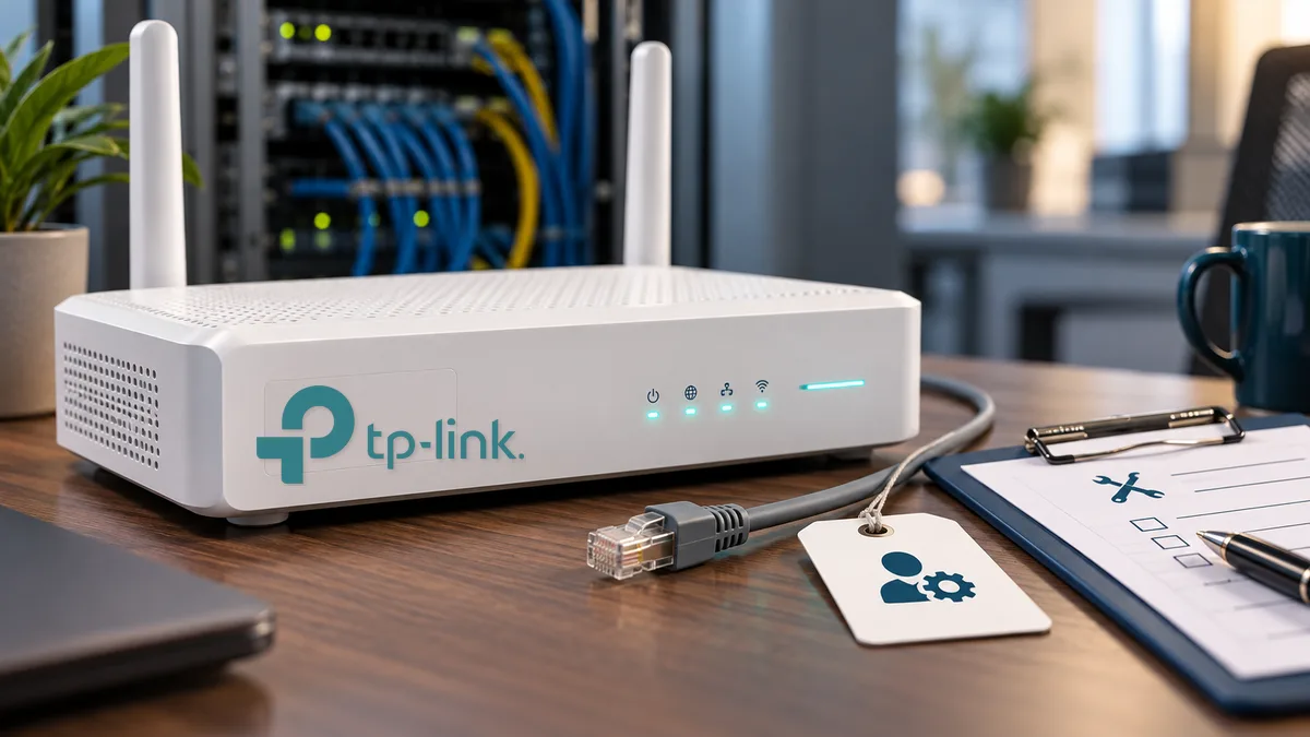 A small business router at the network edge with update and accountability signals in a modern office setting.