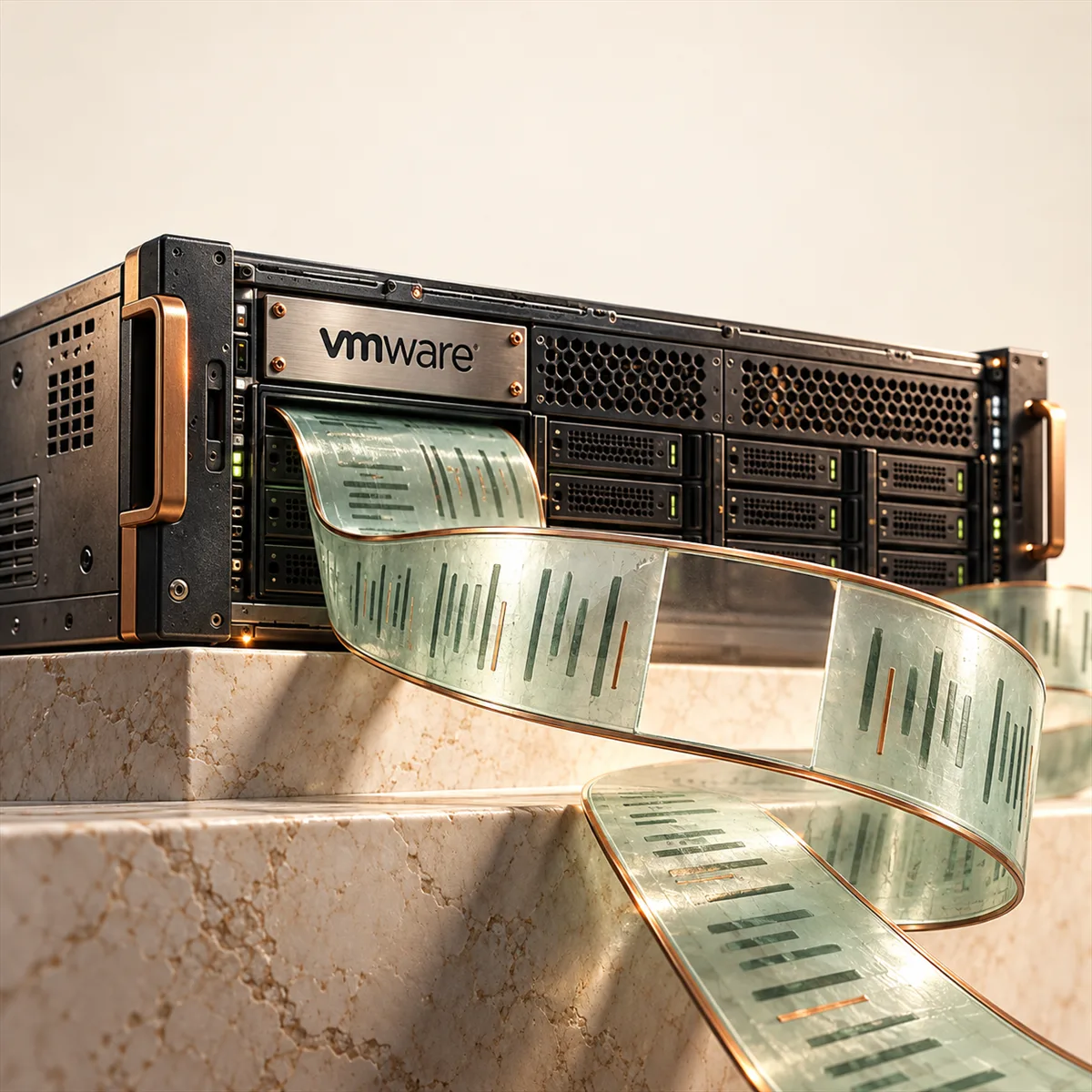 Editorial illustration of VMware ESXi infrastructure beside an audit record with a visible gap.