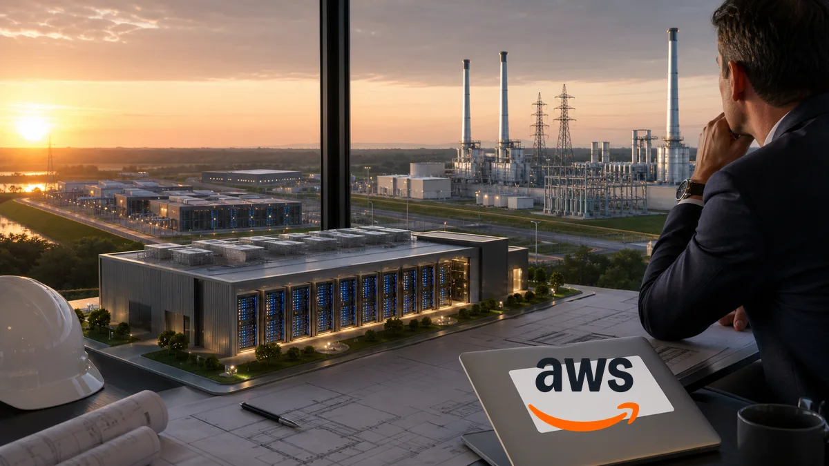 Editorial image of Amazon-style AI data-center infrastructure, power generation, and business cloud planning documents.