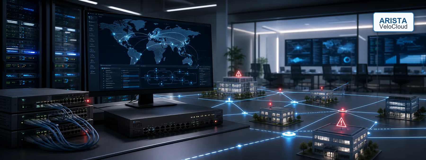 Editorial image of an SD-WAN network control plane under review after an Arista VeloCloud security warning.