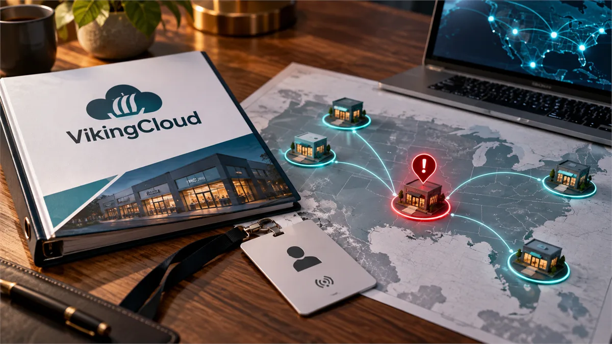 Editorial image of a business owner reviewing cybersecurity standards across multiple connected business locations and vendors.