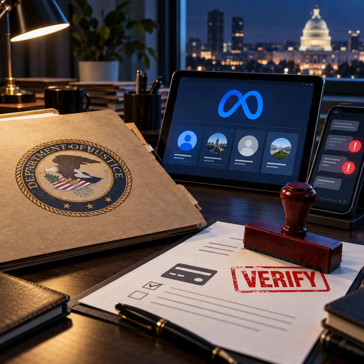 Editorial image showing business fraud verification across messages, payment approvals, and account checks after a scam-center crackdown.