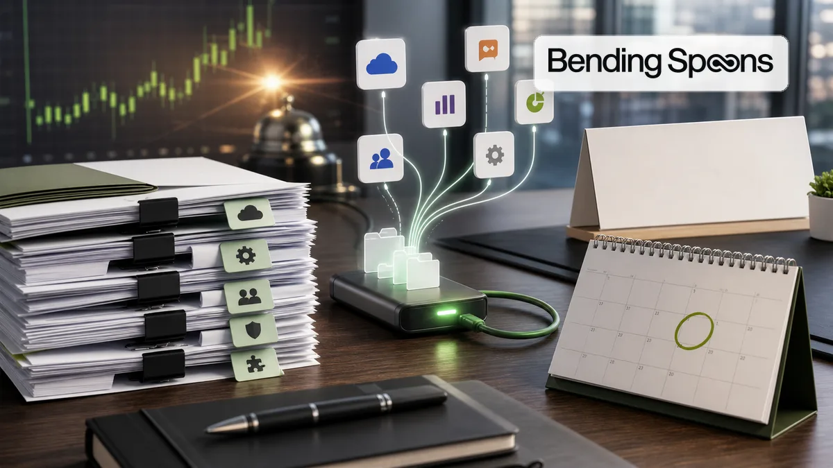 Editorial image about SaaS vendor dependency, Bending Spoons, and business continuity planning for acquired software products.