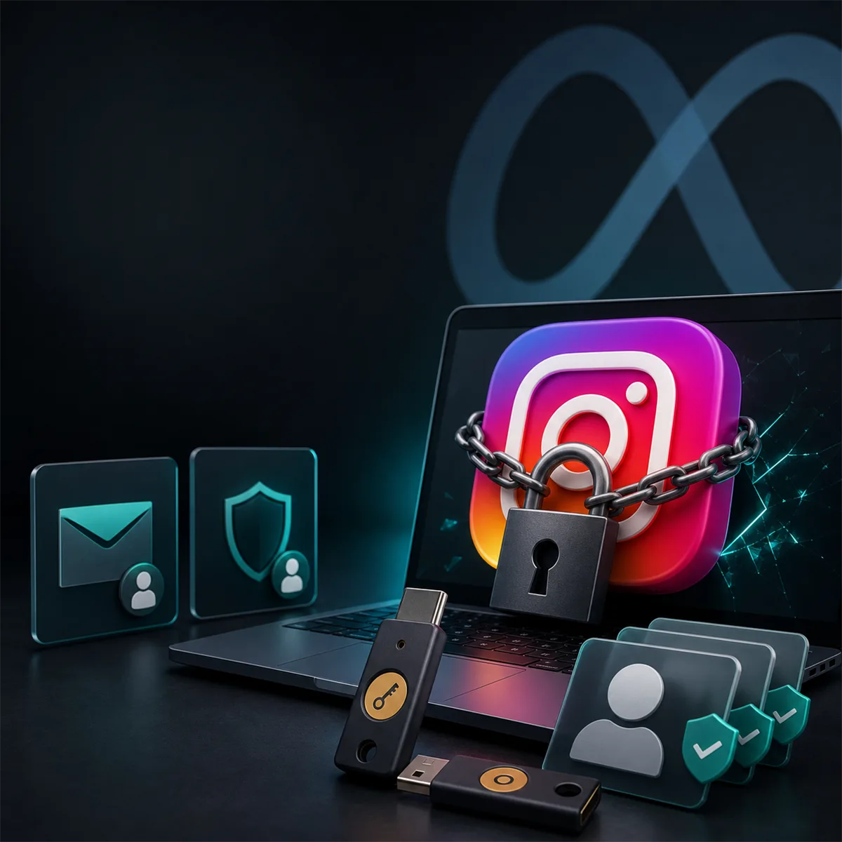 Editorial image showing business social media account recovery controls and a locked Instagram-style account access screen.