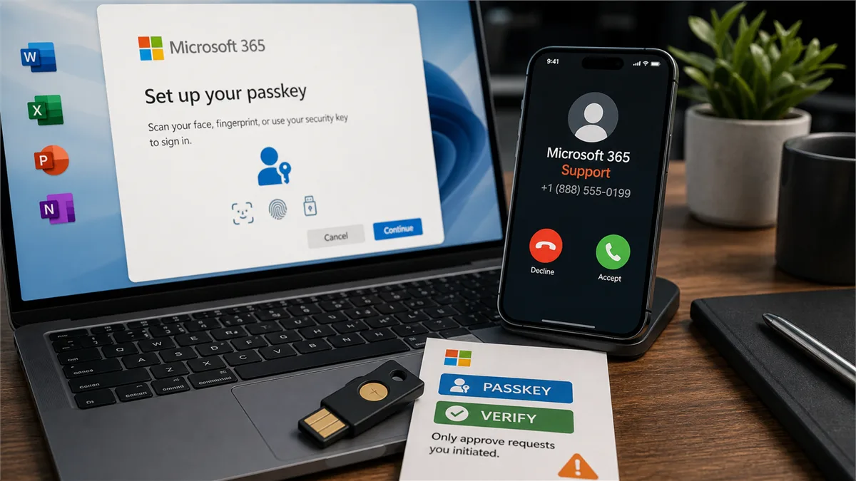 Editorial image of a Microsoft 365 passkey enrollment review with a suspicious support call and access-control evidence on a business desk
