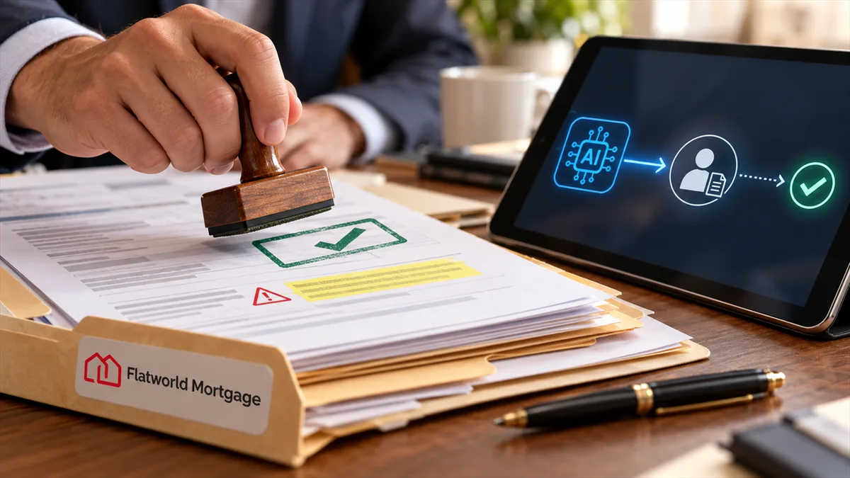 Editorial image of a New Jersey business owner reviewing AI workflow checkpoints and human approval records in a regulated mortgage operations file.