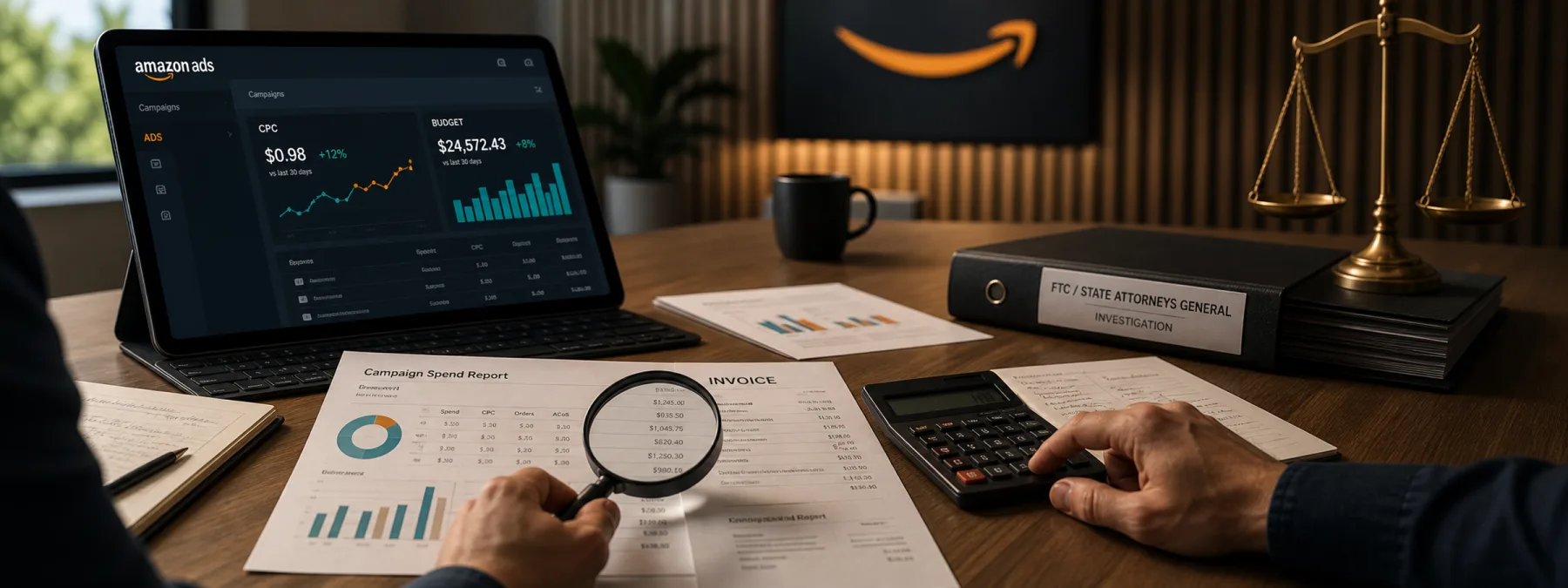 Editorial image of Amazon Ads campaign spend under business review with invoices, click-cost metrics, and advertising controls.