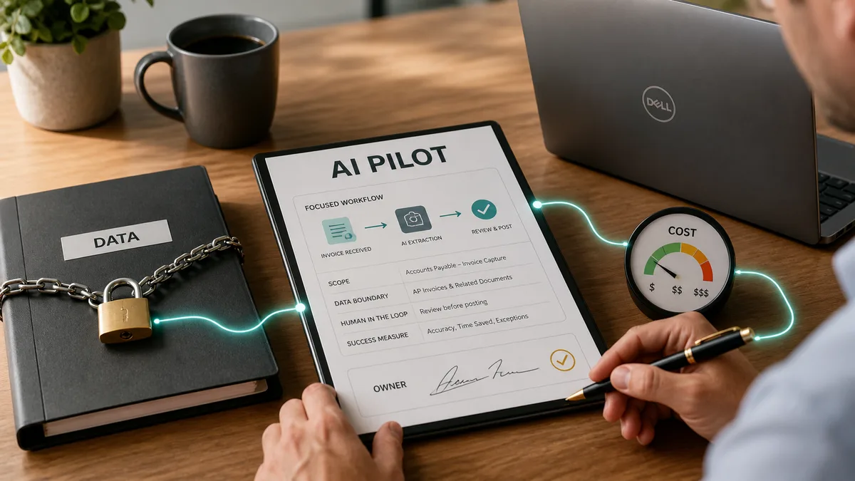 Editorial image of a small business team reviewing a focused AI pilot with use-case, data, cost, and approval controls.