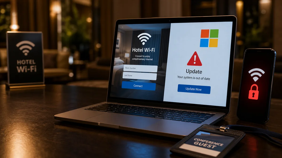 Business traveler reviewing a suspicious hotel Wi-Fi captive portal and Microsoft 365 access warning.