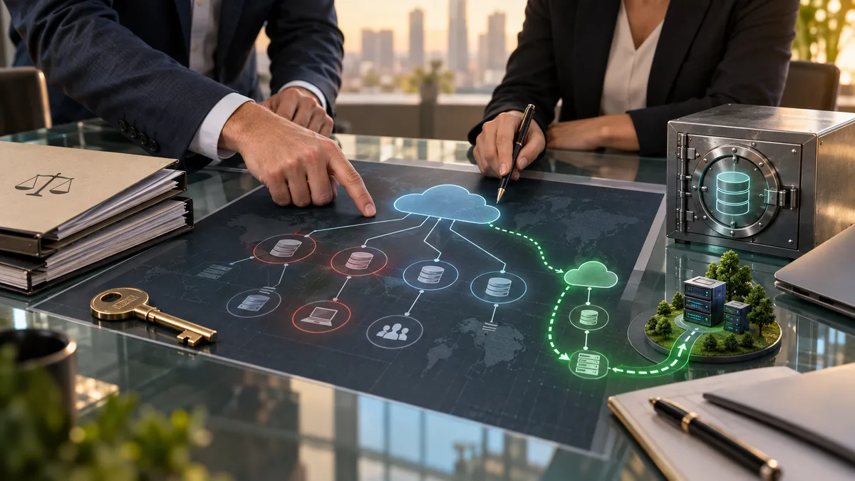 Editorial image of business leaders reviewing a cloud dependency map and vendor exit plan for digital sovereignty.