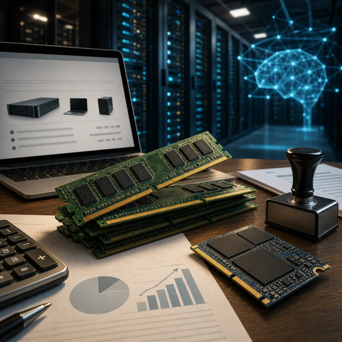Editorial image showing AI data-center memory demand colliding with a business hardware refresh budget.