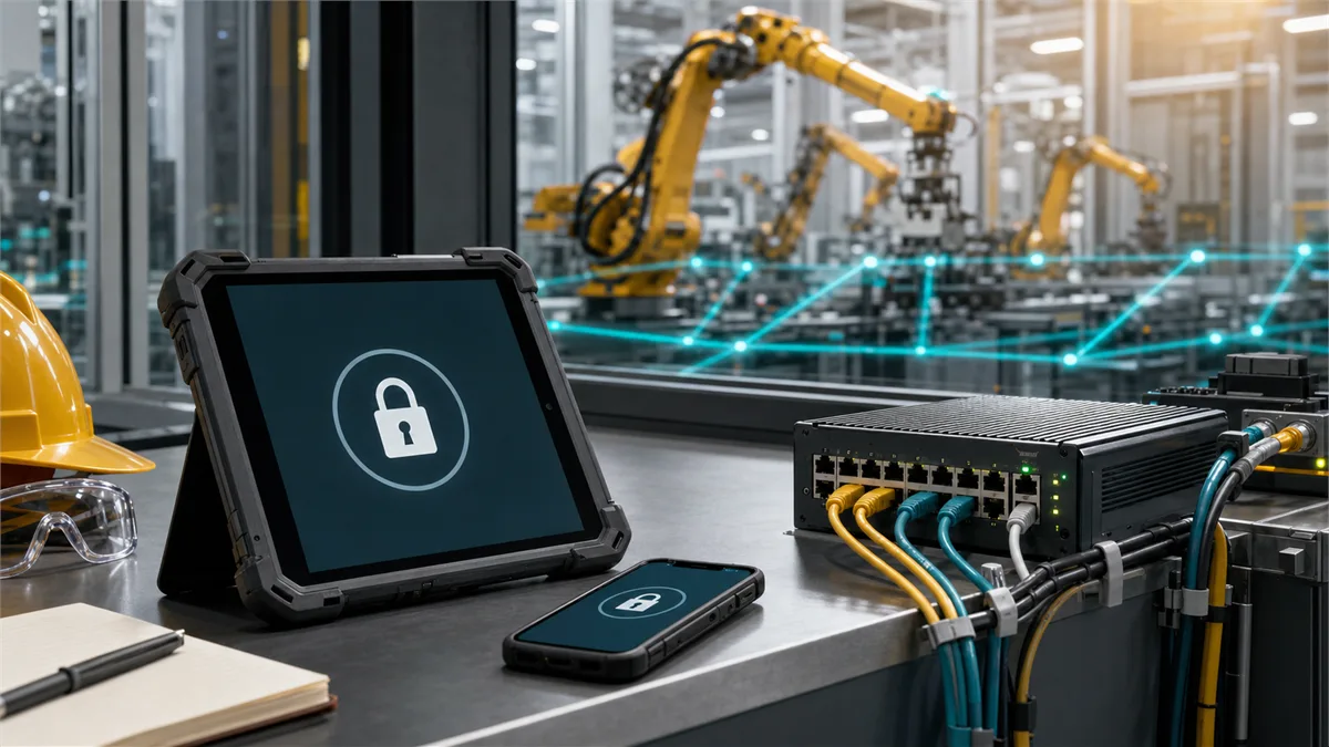 A modern manufacturing floor with connected machines, cloud links, and a security review checkpoint.