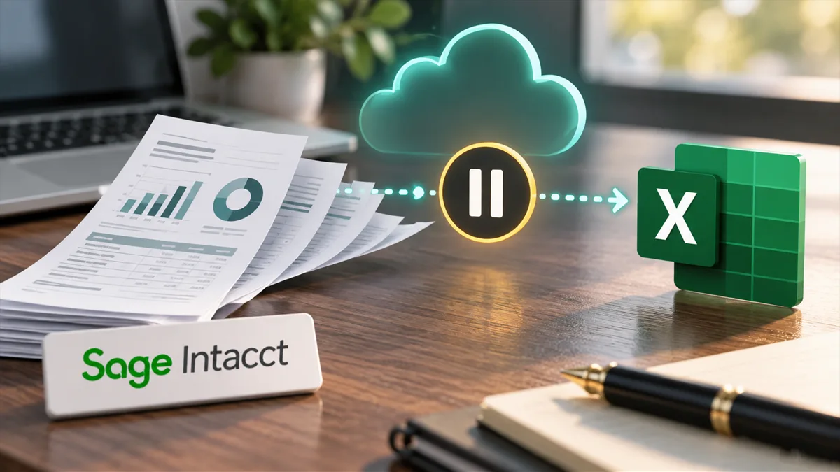 A business finance dashboard paused beside exported spreadsheet reports, representing a cloud accounting reporting outage.